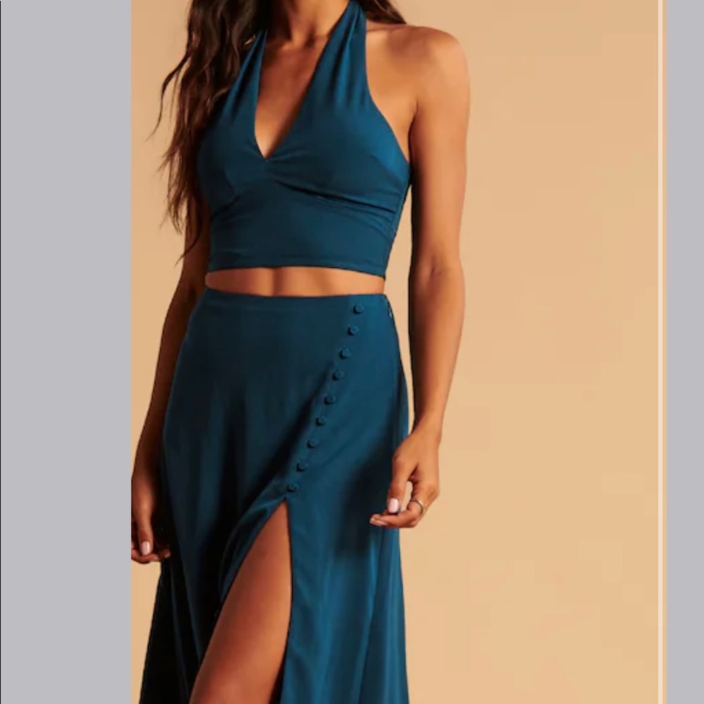 NWT Abercrombie Blue Button Midaxi Skirt & Deep-V Halter Top Set
